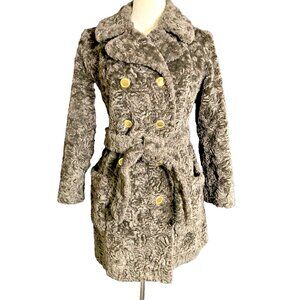 Vintage Dark Brown Faux Lamb Fur Coat Jacket Mod 60s 70s Metal Buttons